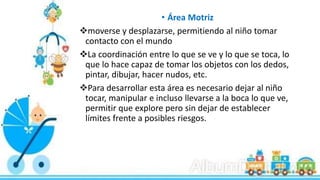 • Área Motriz
moverse y desplazarse, permitiendo al niño tomar
contacto con el mundo
La coordinación entre lo que se ve y lo que se toca, lo
que lo hace capaz de tomar los objetos con los dedos,
pintar, dibujar, hacer nudos, etc.
Para desarrollar esta área es necesario dejar al niño
tocar, manipular e incluso llevarse a la boca lo que ve,
permitir que explore pero sin dejar de establecer
límites frente a posibles riesgos.
 