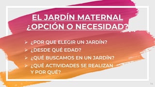 EL JARDÍN MATERNAL
¿OPCIÓN O NECESIDAD?
 ¿POR QUE ELEGIR UN JARDÍN?
 ¿DESDE QUÉ EDAD?
 ¿QUÉ BUSCAMOS EN UN JARDÍN?
 ¿QUÉ ACTIVIDADES SE REALIZAN
Y POR QUÉ?
14
 
