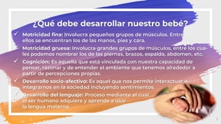 7
¿Qué debe desarrollar nuestro bebé?
 Motricidad fina: Involucra pequeños grupos de músculos. Entre
ellos se encuentran los de las manos, pies y cara.
 Motricidad gruesa: Involucra grandes grupos de músculos, entre los cua-
les podemos nombrar los de las piernas, brazos, espalda, abdomen, etc.
 Cognición: Es aquella que está vinculada con nuestra capacidad de
pensar, razonar y de entender el ambiente que tenemos alrededor a
partir de percepciones propias.
 Desarrollo socio-afectivo: Es aquel que nos permite interactuar e
integrarnos en la sociedad incluyendo sentimientos.
 Desarrollo del lenguaje: Proceso mediante el cual
el ser humano adquiere y aprende a usar
la lengua materna.
 