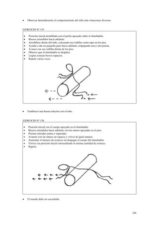 •

Observar detenidamente el comportamiento del niño ante situaciones diversas.

EJERCICIO Nº 155
•
•
•
•
•
•
•
•

•

Posición inicial arrodillado con el pecho apoyado sobre el almohadón.
Brazos extendidos hacia adelante.
Arrodíllese detrás del niño, colocando sus rodillas como tope en los pies.
Ayudar a dar un pequeño paso hacia adelante, empujando una y otra pierna.
Avance con sus rodillas detrás de los pies.
Observe que el almohadón se desplace
Lograr avanzar breves espacios.
Repetir varias veces.

Establecer una buena relación con el niño.

EJERCICIO Nº 156
•
•
•
•
•
•
•

•

Posición inicial con el cuerpo apoyado en el almohadón.
Brazos extendidos hacia adelante con las manos apoyadas en el piso.
Piernas estiradas juntas o separadas
Avanzar con las manos un espacio y volver de igual manera.
Aumentar el número de avances sin despegar el cuerpo del almohadón.
Volver a la posición inicial retrocediendo la misma cantidad de avances.
Repetir.

El mundo debe ser escuchado.

109

 