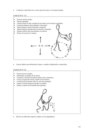 Comenzar a relacionar uno o varios ejercicios entre sí de manera integral.
EJERCICIO Nº 181
•
•
•
•
•
•
•
•

•

Posición inicial parado.
Piernas separadas.
Ubicarse frente al niño, tomados de las manos con los brazos extendidos.
Comenzar balanceo hacia adelante y hacia atrás.
Aplicar balanceo hacia la derecha e izquierda.
Aplicar balanceo girando hacia la derecha e izquierda.
Intentar realizar estos movimientos con música.
Danzar sin acercar los cuerpos.

Acercar objetos que obstaculicen el paso, y enseñar a desplazarlos o esquivarlos.

EJERCICIO Nº 182
•
•
•
•
•
•
•

•

Posición inicial parados.
Enfrentados y tomados de las manos.
Comenzar a flexionar las piernas apenas unos centímetros.
Volver a la posición inicial y repetir el movimiento.
La flexión de las piernas cada vez será mas acentuada.
Lograr en forma progresiva quedar en cuclillas.
Pararse y repetir sin la lentitud antes aplicada.

Moverse en diferentes espacios conduce a la no dependencia.

125

 