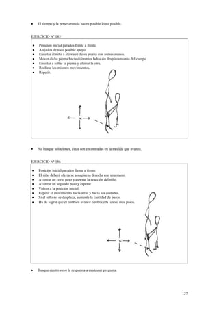 •

El tiempo y la perseverancia hacen posible lo no posible.

EJERCICIO Nº 185
•
•
•
•
•
•
•

•

Posición inicial parados frente a frente.
Alejados de todo posible apoyo.
Enseñar al niño a aferrarse de su pierna con ambas manos.
Mover dicha pierna hacia diferentes lados sin desplazamiento del cuerpo.
Enseñar a soltar la pierna y aferrar la otra.
Realizar los mismos movimientos.
Repetir.

No busque soluciones, éstas son encontradas en la medida que avanza.

EJERCICIO Nº 186
•
•
•
•
•
•
•
•

Posición inicial parados frente e frente.
El niño deberá aferrarse a su pierna derecha con una mano.
Avanzar un corto paso y esperar la reacción del niño.
Avanzar un segundo paso y esperar.
Volver a la posición inicial.
Repetir el movimiento hacia atrás y hacia los costados.
Si el niño no se desplaza, aumente la cantidad de pasos.
Ha de lograr que él también avance o retroceda uno o más pasos.

•

Busque dentro suyo la respuesta a cualquier pregunta.

127

 