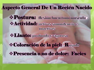 Aspecto General De Un Recién Nacido
Postura:
Actividad:
Llanto:
Coloración de la piel: R
Presencia o no de dolor: Facies
 