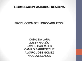 ESTIMULACION MATRICIAL REACTIVA




PRODUCCION DE HIDROCARBUROS I




         CATALINA LARA
         JUSTY NARIÑO
       JAVIER CABRALES
      CAMILO BARRENECHE
      ALVARO JOSE GOMEZ
        NICOLAS LLANOS
 