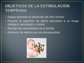 A QUIÉN VA DIRIGIDA LA ESTIMULACIÓN TEMPRANANiños con factores de riesgo para discapacidades.Niños normales desde recién nacidos hasta los 6 años de edad.Niños con daño neurológico  encefálico