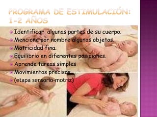 PROGRAMA DE ESTIMULACIÓN: 1-2 AÑOSIdentificar  algunas partes de su cuerpo.Mencione por nombre algunos objetos.Motricidad fina.Equilibrio en diferentes posiciones.Aprende tareas simples Movimientos precisos(etapa sensorio-motriz)