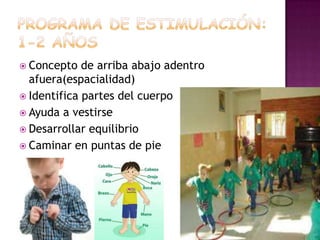 PROGRAMA DE ESTIMULACIÓN: 1-2 AÑOSConcepto de arriba abajo adentro afuera(espacialidad)Identifica partes del cuerpoAyuda a vestirseDesarrollar equilibrioCaminar en puntas de pie