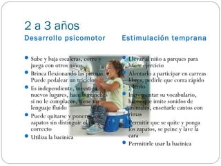 2 a 3 años
Desarrollo psicomotor               Estimulación temprana

 Sube y baja escaleras, corre y     Llevar al niño a parques para
  juega con otros niños               hacer ejercicio
 Brinca flexionando las piernas.    Alentarlo a participar en carreas
  Puede pedalear un triciclo          libres, pedirle que corra rápido
 Es independiente, investiga         y lento
  nuevos lugares, hace berrinches    Incrementar su vocabulario,
  si no le complacen, tiene un        hacer que imite sonidos de
  lenguaje fluido                     animales, enseñarle cantos con
 Puede quitarse y ponerse los        rimas
  zapatos sin distinguir el pie      Permitir que se quite y ponga
  correcto                            los zapatos, se peine y lave la
 Utiliza la bacinica                 cara
                                     Permitirle usar la bacinica
 