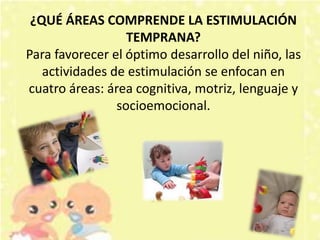 ¿QUÉ ÁREAS COMPRENDE LA ESTIMULACIÓN
                  TEMPRANA?
Para favorecer el óptimo desarrollo del niño, las
   actividades de estimulación se enfocan en
cuatro áreas: área cognitiva, motriz, lenguaje y
                socioemocional.
 
