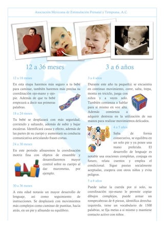 Asociación Mexicana de Estimulación Prenatal y Temprana, A.C.

12 a 36 meses

3 a 6 años

12 a 18 meses

3 a 4 años

En esta etapa haremos más seguro a tu bebé
para caminar, también haremos más precisa su
coordinación ojo-mano y ojopie. Además de que tu bebé
empezará a decir sus primeras
palabras.

Durante este año tu pequeñ@ se encuentra
en continuo movimiento, corre, salta, trepa,
monta en triciclo, juega con
niños y a veces solo.
También comienza a hablar
para sí mismo en voz alta.
Además
comienza
a
adquirir destreza en la utilización de sus
manos para realizar movimientos delicados.

18 a 24 meses
Tu bebé se desplazará con más seguridad,
corriendo y saltando, además de subir y bajar
escaleras. Identificará causa y efecto, además de
las partes de su cuerpo y aumentará su conducta
comunicativa articulando frases cortas.

4 a 5 años
Salta
de
forma
consecutiva, se equilibra en
un solo pie y ya posee una
mano
preferida.
El
desarrollo de lenguaje es
notable usa oraciones completas, conjuga en
futuro, relata cuentos y emplea el
condicional. Sigue pautas socialmente
aceptadas, coopera con otros niños y evita
peligros.

24 a 30 meses
En este periodo afinaremos la coordinación
motriz fina con objetos de ensamble y
desarrollaremos
mayor
control sobre su cuerpo al
dar
marometas,
por
ejemplo.

5 a 6 años
30 a 36 meses

Puede saltar la cuerda por sí solo, su
coordinación ojo-mano le permite copiar
dibujos complejos, puede armar un
rompecabezas de 6 piezas, identifica derechaizquierda, tiene un vocabulario de 1500
palabras, se fija metas a sí mismo y mantiene
contacto activo con niños .

A esta edad notarás un mayor desarrollo de
lenguaje,
así
como
seguimiento
de
instrucciones. Se desplazará con movimientos
más complejos como caminar de puntitas, hacia
atrás, en un pie y afinando su equilibrio.

5

 