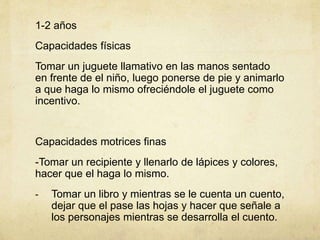 1-2 años
Capacidades físicas
Tomar un juguete llamativo en las manos sentado
en frente de el niño, luego ponerse de pie y animarlo
a que haga lo mismo ofreciéndole el juguete como
incentivo.
Capacidades motrices finas
-Tomar un recipiente y llenarlo de lápices y colores,
hacer que el haga lo mismo.
- Tomar un libro y mientras se le cuenta un cuento,
dejar que el pase las hojas y hacer que señale a
los personajes mientras se desarrolla el cuento.
 