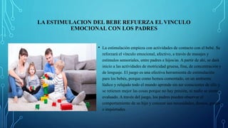 LA ESTIMULACION DEL BEBE REFUERZA EL VINCULO
EMOCIONAL CON LOS PADRES
• La estimulación empieza con actividades de contacto con el bebé. Se
reforzará el vínculo emocional, afectivo, a través de masajes y
estímulos sensoriales, entre padres e hijos/as. A partir de ahí, se dará
inicio a las actividades de motricidad gruesa, fina, de concentración y
de lenguaje. El juego es una efectiva herramienta de estimulación
para los bebés, porque como hemos comentado, en un ambiente
lúdico y relajado todo el mundo aprende sin ser conscientes de ello y
se retienen mejor las cosas porque no hay presión, ni nadie se siente
evaluado. A través del juego, los padres pueden observar el
comportamiento de su hijo y conocer sus necesidades, deseos, gustos,
e inquietudes.
 