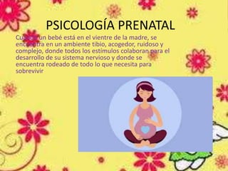 PSICOLOGÍA PRENATAL
Cuando un bebé está en el vientre de la madre, se
encuentra en un ambiente tibio, acogedor, ruidoso y
complejo, donde todos los estímulos colaboran para el
desarrollo de su sistema nervioso y donde se
encuentra rodeado de todo lo que necesita para
sobrevivir
 