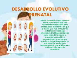 DESARROLLO EVOLUTIVO
PRENATAL
Pero sí comparten unos sistemas
neuro hormonales que son
vitalmente importantes para
ambos, pues es la forma en que
la madre y su hijo intrauterino
establecen un diálogo
emocional. El diálogo emocional
suele iniciarlo la madre al
procesar una acción o
pensamiento, su cerebro se
convierte instantáneamente en
una emoción y orienta su
organismo para que produzca un
conjunto adecuado de
respuestas.
 