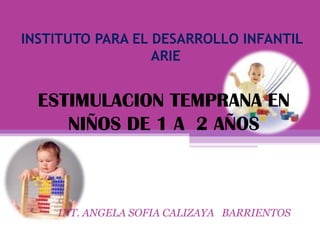 INSTITUTO PARA EL DESARROLLO INFANTIL
                  ARIE


  ESTIMULACION TEMPRANA EN
     NIÑOS DE 1 A 2 AÑOS



    INT. ANGELA SOFIA CALIZAYA BARRIENTOS
 