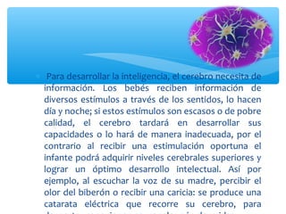∗ Para desarrollar la inteligencia, el cerebro necesita de
información. Los bebés reciben información de
diversos estímulos a través de los sentidos, lo hacen
día y noche; si estos estímulos son escasos o de pobre
calidad, el cerebro tardará en desarrollar sus
capacidades o lo hará de manera inadecuada, por el
contrario al recibir una estimulación oportuna el
infante podrá adquirir niveles cerebrales superiores y
lograr un óptimo desarrollo intelectual. Así por
ejemplo, al escuchar la voz de su madre, percibir el
olor del biberón o recibir una caricia: se produce una
catarata eléctrica que recorre su cerebro, para
 