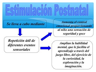 Se lleva a cabo mediante
Repetición útil de
diferentes eventos
sensoriales
Aumenta el control
emocional proporcionando
al niño una sensación de
seguridad y goce
Amplían la habilidad
mental, que le facilita el
aprendizaje a través del
juego libre, del ejercicio de
la curiosidad, la
exploración y la
imaginación.
 