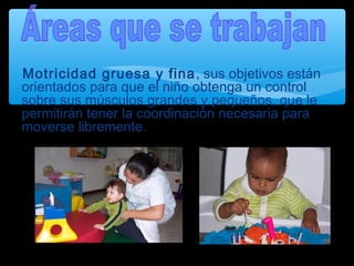 Motricidad gruesa y fina, sus objetivos están
orientados para que el niño obtenga un control
sobre sus músculos grandes y pequeños, que le
permitirán tener la coordinación necesaria para
moverse libremente.
 
