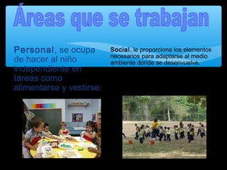 Personal, se ocupa
de hacer al niño
independiente en
tareas como
alimentarse y vestirse.
Social, le proporciona los elementos
necesarios para adaptarse al medio
ambiente donde se desenvuelve.
 