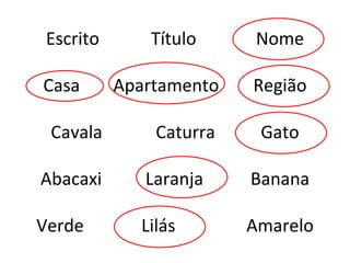 Escrito Título Nome Casa  Apartamento  Região Cavala  Caturra  Gato Abacaxi Laranja Banana Verde Lilás Amarelo 