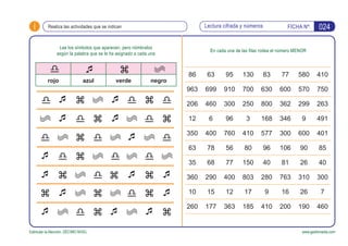 i FICHA Nº:
Estimular la Atención. DÉCIMO NIVEL www.gesfomedia.com
024Lectura cifrada y númerosRealiza las actividades que se indican
d  z  d z d
 d z  d z
d z d  d
 d z d d
 z d z  z 
rojo azul verde negro
 z
Lee los símbolos que aparecen, pero nómbralos
según la palabra que se le ha asignado a cada una
En cada una de las filas rodea el número MENOR
86 63 95 130 83 77 580 410
963 699 910 700 630 600 570 750
206 460 300 250 800 362 299 263
12 6 96 3 168 346 9 491
350 400 760 410 577 300 600 401
63 78 56 80 96 106 90 85
35 68 77 150 40 81 26 40
360 290 400 803 280 763 310 300
10 15 12 17 9 16 26 7
260 177 363 185 410 200 190 460
z  z d z 
 d z   z
d
 