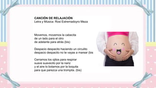 CANCIÓN DE RELAJACIÓN
Letra y Música: Rosi Estremadoyro Meza
Movemos, movemos la cabecita
de un lado para el otro
de adelante para atrás (bis)
Despacio despacito haciendo un circulito
despacio despacito no te vayas a marear (bis)
Cerramos los ojitos para respirar
suave suavecito por la nariz
y el aire lo botamos por la boquita
para que parezca una trompita. (bis)
 