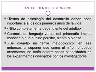 ANTECEDENTES HISTORICOS
•Textos de psicología del desarrollo daban poca
importancia a los dos primeros años de la vida.
•Niño completamente dependiente del adulto.•
Carencia de lenguaje verbal del primeraño impide
conocer lo que el niño percibe, siente o piensa
.•Se cometió un “error metodológico” en ese
entonces al suponer que como el niño no puede
expresarse, no tenía determinadas capacidades en
los experimentos diseñados por losinvestigadores.
 