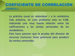 La práctica usual es redondear r a la centésima
más próxima, en este problema esto es 0.88,
indicando una muy fuerte relación entre las
calificaciones y las ventas semanales de los
vendedores.
Esto hace parecer que la prueba del director de
recursos humanos tiene potencial para predecir
las ventas semanales.
Ing. William león Velásquez
11
COEFICIENTE DE CORRELACIÓN
EJEMPLO 1
 