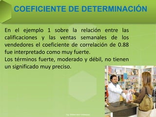 En el ejemplo 1 sobre la relación entre las
calificaciones y las ventas semanales de los
vendedores el coeficiente de correlación de 0.88
fue interpretado como muy fuerte.
Los términos fuerte, moderado y débil, no tienen
un significado muy preciso.
COEFICIENTE DE DETERMINACIÓN
Ing. William león Velásquez
14
 