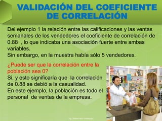 Del ejemplo 1 la relación entre las calificaciones y las ventas
semanales de los vendedores el coeficiente de correlación de
0.88 , lo que indicaba una asociación fuerte entre ambas
variables.
Sin embargo, en la muestra había sólo 5 vendedores.
VALIDACIÓN DEL COEFICIENTE
DE CORRELACIÓN
Ing. William león Velásquez
19
¿Puede ser que la correlación entre la
población sea 0?
Si, y esto significaría que la correlación
de 0.88 se debió a la casualidad.
En este ejemplo, la población es todo el
personal de ventas de la empresa.
 