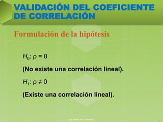 Formulación de la hipótesis
H0: ρ = 0
(No existe una correlación lineal).
H1: ρ ≠ 0
(Existe una correlación lineal).
Ing. William león Velásquez
21
VALIDACIÓN DEL COEFICIENTE
DE CORRELACIÓN
 