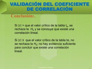 Ing. William león Velásquez
24
Conclusión:.
VALIDACIÓN DEL COEFICIENTE
DE CORRELACIÓN
Si 𝑡 > que el valor crítico de la tabla tα, se
rechaza la H0 y se concluye que existe una
correlación lineal.
Si 𝑡 ≤ que el valor crítico de la tabla tα, no
se rechaza la H0; no hay evidencia suficiente
para concluir que existe una correlación
lineal.
 