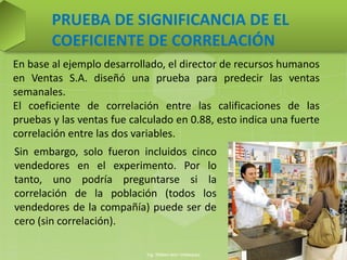 Sin embargo, solo fueron incluidos cinco
vendedores en el experimento. Por lo
tanto, uno podría preguntarse si la
correlación de la población (todos los
vendedores de la compañía) puede ser de
cero (sin correlación).
PRUEBA DE SIGNIFICANCIA DE EL
COEFICIENTE DE CORRELACIÓN
Ing. William león Velásquez
28
En base al ejemplo desarrollado, el director de recursos humanos
en Ventas S.A. diseñó una prueba para predecir las ventas
semanales.
El coeficiente de correlación entre las calificaciones de las
pruebas y las ventas fue calculado en 0.88, esto indica una fuerte
correlación entre las dos variables.
 
