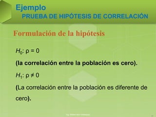 Formulación de la hipótesis
H0: ρ = 0
(la correlación entre la población es cero).
H1: ρ ≠ 0
(La correlación entre la población es diferente de
cero).
Ing. William león Velásquez
38
Ejemplo
PRUEBA DE HIPÓTESIS DE CORRELACIÓN
 