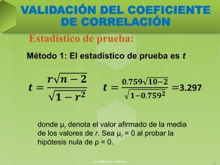Método 1: El estadístico de prueba es t
Estadístico de prueba:
Ing. William león Velásquez
39
VALIDACIÓN DEL COEFICIENTE
DE CORRELACIÓN
donde μr denota el valor afirmado de la media
de los valores de r. Sea μr = 0 al probar la
hipótesis nula de ρ = 0.
𝒕 =
𝒓 𝒏 − 𝟐
𝟏 − 𝒓 𝟐
𝒕 =
𝟎.𝟕𝟓𝟗 𝟏𝟎−𝟐
𝟏−𝟎.𝟕𝟓𝟗 𝟐
=3.297
 