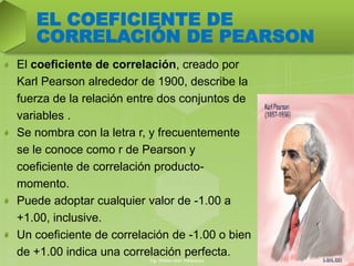 EL COEFICIENTE DE
CORRELACIÓN DE PEARSON
El coeficiente de correlación, creado por
Karl Pearson alrededor de 1900, describe la
fuerza de la relación entre dos conjuntos de
variables .
Se nombra con la letra r, y frecuentemente
se le conoce como r de Pearson y
coeficiente de correlación producto-
momento.
Puede adoptar cualquier valor de -1.00 a
+1.00, inclusive.
Un coeficiente de correlación de -1.00 o bien
de +1.00 indica una correlación perfecta.
Ing. William león Velásquez
4
 