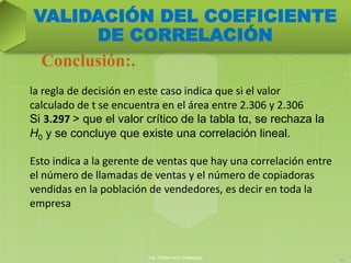 Ing. William león Velásquez
41
Conclusión:.
VALIDACIÓN DEL COEFICIENTE
DE CORRELACIÓN
la regla de decisión en este caso indica que si el valor
calculado de t se encuentra en el área entre 2.306 y 2.306
Si 3.297 > que el valor crítico de la tabla tα, se rechaza la
H0 y se concluye que existe una correlación lineal.
Esto indica a la gerente de ventas que hay una correlación entre
el número de llamadas de ventas y el número de copiadoras
vendidas en la población de vendedores, es decir en toda la
empresa
 