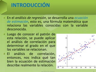 Ing. William león Velásquez 44
En el análisis de regresión, se desarrolla una ecuación
de estimación, esto es, una fórmula matemática que
relaciona las variables conocidas con la variable
desconocida.
INTRODUCCIÓN
Luego de conocer el patrón de
esta relación, se puede aplicar
el análisis de correlación para
determinar el grado en el que
las variables se relacionan.
El análisis de correlación,
entonces, nos indica qué tan
bien la ecuación de estimación
describe realmente la relación.
 