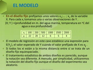 Ing. William león Velásquez 49
EL MODELO
En el diseño fijo prefijamos unos valores x1;…. ; xn de la variable
X. Para cada xi tomamos una o varias observaciones de Y .
(X; Y ) =(profundidad en m. del agua marina, temperatura en oC del
agua a esa profundidad)
El modelo de regresión en este caso establece una expresión para
E(Yi), el valor esperado de Y cuando el valor prefijado de X es xi .
Si todos los xi están a la misma distancia entre sí se trata de un
diseño fijo equiespaciado.
El tratamiento estadístico de ambos diseños es parecido, aunque
la notación sea diferente. A menudo, por simplicidad, utilizaremos
la notación del diseño fijo aunque el diseño del experimento sea
aleatorio.
 