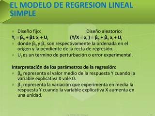 Ing. William león Velásquez 50
EL MODELO DE REGRESION LINEAL
SIMPLE
Diseño fijo: Diseño aleatorio:
Yi = β0 + β1 xi + Ui (Y/X = xi ) = β0 + β1 xi + Ui
donde β0 y β1 son respectivamente la ordenada en el
origen y la pendiente de la recta de regresión.
Ui es un termino de perturbación o error experimental.
Interpretación de los parámetros de la regresión:
β0 representa el valor medio de la respuesta Y cuando la
variable explicativa X vale 0.
β1 representa la variación que experimenta en media la
respuesta Y cuando la variable explicativa X aumenta en
una unidad.
 