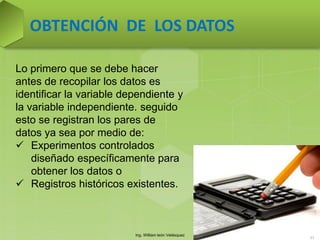 Ing. William león Velásquez
57
OBTENCIÓN DE LOS DATOS
Lo primero que se debe hacer
antes de recopilar los datos es
identificar la variable dependiente y
la variable independiente. seguido
esto se registran los pares de
datos ya sea por medio de:
 Experimentos controlados
diseñado específicamente para
obtener los datos o
 Registros históricos existentes.
 