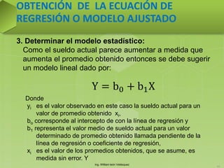 Ing. William león Velásquez
63
OBTENCIÓN DE LA ECUACIÓN DE
REGRESIÓN O MODELO AJUSTADO
3. Determinar el modelo estadístico:
Como el sueldo actual parece aumentar a medida que
aumenta el promedio obtenido entonces se debe sugerir
un modelo lineal dado por:
Donde
yi es el valor observado en este caso la sueldo actual para un
valor de promedio obtenido xi,
bo corresponde al intercepto de con la línea de regresión y
b1 representa el valor medio de sueldo actual para un valor
determinado de promedio obtenido llamada pendiente de la
línea de regresión o coeficiente de regresión,
xi es el valor de los promedios obtenidos, que se asume, es
medida sin error. Y
Y = b0 + b1X
 