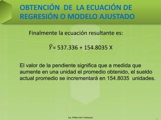 Ing. William león Velásquez
69
OBTENCIÓN DE LA ECUACIÓN DE
REGRESIÓN O MODELO AJUSTADO
El valor de la pendiente significa que a medida que
aumente en una unidad el promedio obtenido, el sueldo
actual promedio se incrementará en 154.8035 unidades.
𝑌= 537.336 + 154.8035 X
Finalmente la ecuación resultante es:
 