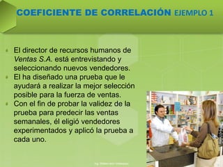 COEFICIENTE DE CORRELACIÓN EJEMPLO 1
El director de recursos humanos de
Ventas S.A. está entrevistando y
seleccionando nuevos vendedores.
El ha diseñado una prueba que le
ayudará a realizar la mejor selección
posible para la fuerza de ventas.
Con el fin de probar la validez de la
prueba para predecir las ventas
semanales, él eligió vendedores
experimentados y aplicó la prueba a
cada uno.
Ing. William león Velásquez
7
 