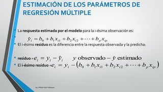 ESTIMACIÓN DE LOS PARÁMETROS DE
REGRESIÓN MÚLTIPLE.
Ing. William león Velásquez
En regresión lineal simple se usa el método
de mínimos cuadrados para obtener
estimadores del intercepto y de la pendiente.
En regresión lineal múltiple el principio es el
mismo, pero se necesita estimar más
parámetros.
Se llamará a los estimadores
de los parámetros
pbbb ,,, 10 
p ,,, 10 
 