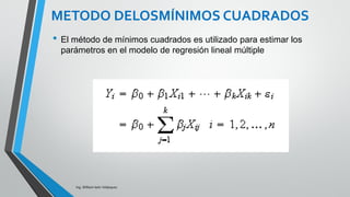 Ing. William león Velásquez
El gráfico para los datos del ejemplo esta dado en la
siguiente figura.
Sólo los modelos de regresión múltiple con dos variables
independientes pueden ser graficados.
EJEMPLO 1
 