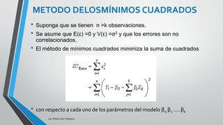 Ing. William león Velásquez
MÉTODOS DE MÍNIMOS CUADRADOS
El método de mínimos cuadrados es utilizado para
estimar los parámetros en el modelo de regresión lineal
múltiple
DESARROLLO DEL MODELO DE
REGRESIÓN MÚLTIPLE
 