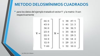 Ing. William león Velásquez
la cual es similar a las obtenidas anteriormente
Para solucionar las ecuaciones normales se requiere que
exista la inversa de la matriz .
Esta existe siempre que las variables regresoras sean
linealmente independientes. Así, la solución de mínimos
cuadrados de vector parámetrico β es
DESARROLLO DEL MODELO DE
REGRESIÓN MÚLTIPLE
 