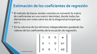 Ing. William león Velásquez
En el ejemplo de los cinco vendedores de Ventas S.A.
Calcular la varianza explicada del modelo
De la relación anterior se tiene:
SC Mod = 50 - 2.65 = 47.35
Por lo tanto la varianza explicada del modelo es 47.35
𝑆𝐶𝑇𝑜𝑡 = 𝑦𝑖 − 𝑦 2𝑆𝐶𝑅𝑒𝑠 = 𝑦𝑖 − 𝑦𝑖
2
SCT = SCMod + SCRes
Entonces SCMod = SCT - CCRes
𝑆𝐶𝑀𝑜𝑑 = 𝑦 − 𝑦 2
= -
EJEMPLO 2 Varianzas del modelo
 