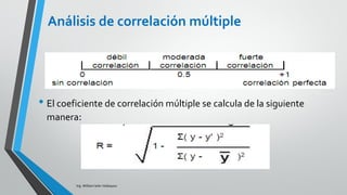 Ing. William león Velásquez
Es la proporción de la variación total en la variable
dependiente ( Y ) que es explicada por la serie de variables
independientes.
El coeficiente de determinación múltiple es una medida mas
significativa y precisa para medir la asociación la variable
dependiente y las variables independientes.
Se simboliza con r². Lógicamente, el coeficiente de no
determinación múltiple mide la proporción de la variación en
la variable dependiente que no es explicada por las
variables independientes.
COEFICIENTE DE DETERMINACION
MÚLTIPLE
 